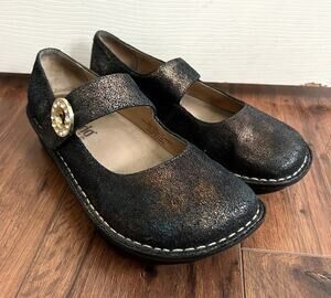 ALEGRIA Paloma Black Gold Metallic Sparkle Leather Mary Jane Comfort Shoes Sz 37